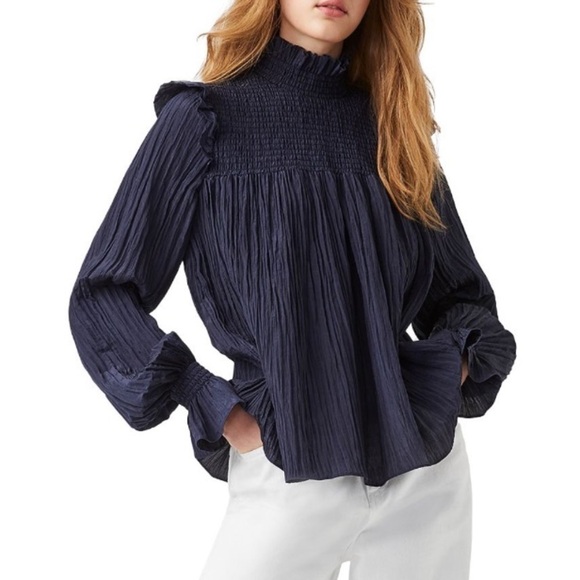 French Connection Tops - French Connection Boza Ruffle Neck Blouse, Utility Blue